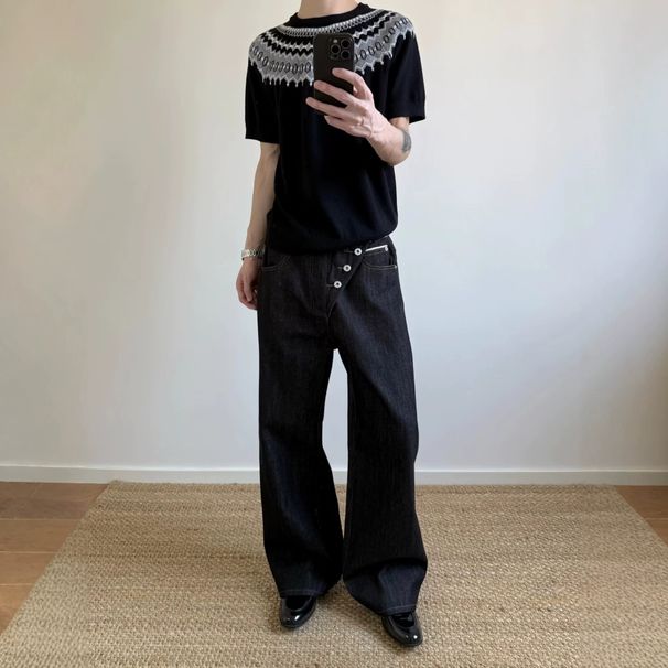 Unisex American Style Trendy Retro Raw Denim Patchwork Jeans Straight Leg Loose Fitting Wide Leg Black Trousers_viptrois.com