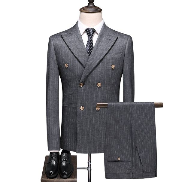 Men's Casual European And American Business Striped Double-breasted Suit, Groom, Best Man, Banquet Host, Three-piece Suit + Waistcoat + Long Pants_viptrois.com