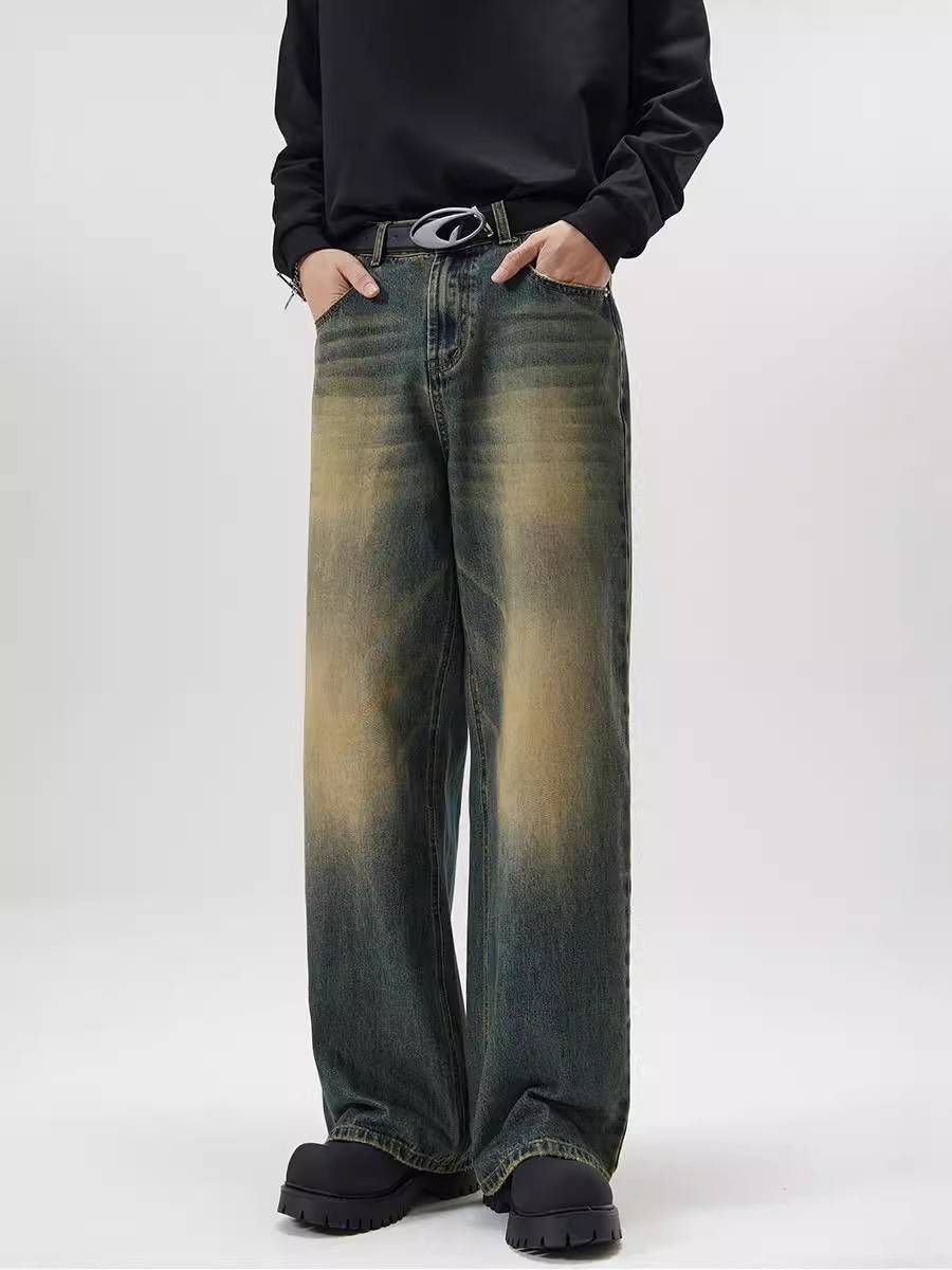 Men's Clothing Men's Relaxed Fit A-Line Jeans - Vintage Washed Wide-Leg Denim (Streetwear Essential)_viptrois.com
