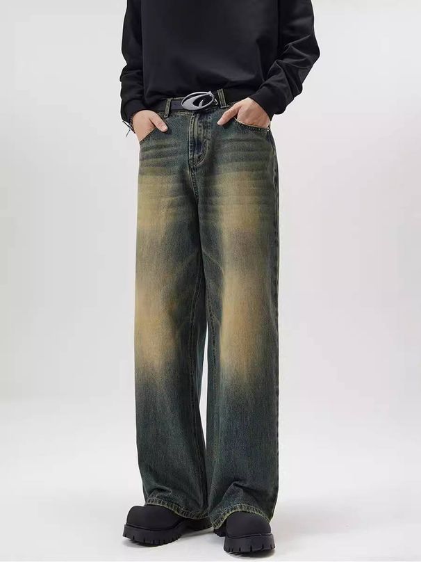 Men's Clothing Men's Relaxed Fit A-Line Jeans - Vintage Washed Wide-Leg Denim (Streetwear Essential)_viptrois.com