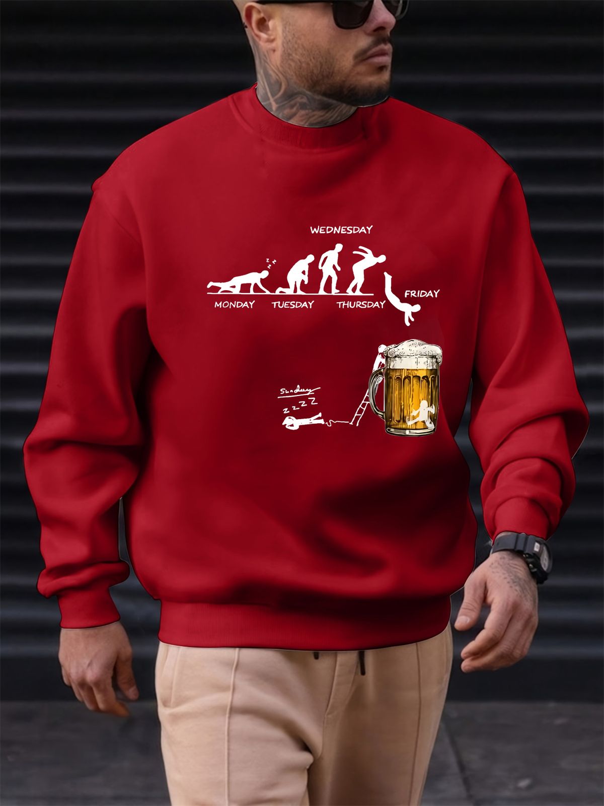 Men's Loose Casual Fashion Jumping Into Beer Pattern Printed Round Neck Long Sleeved Hoodie Autumn And Winter Styles_viptrois.com