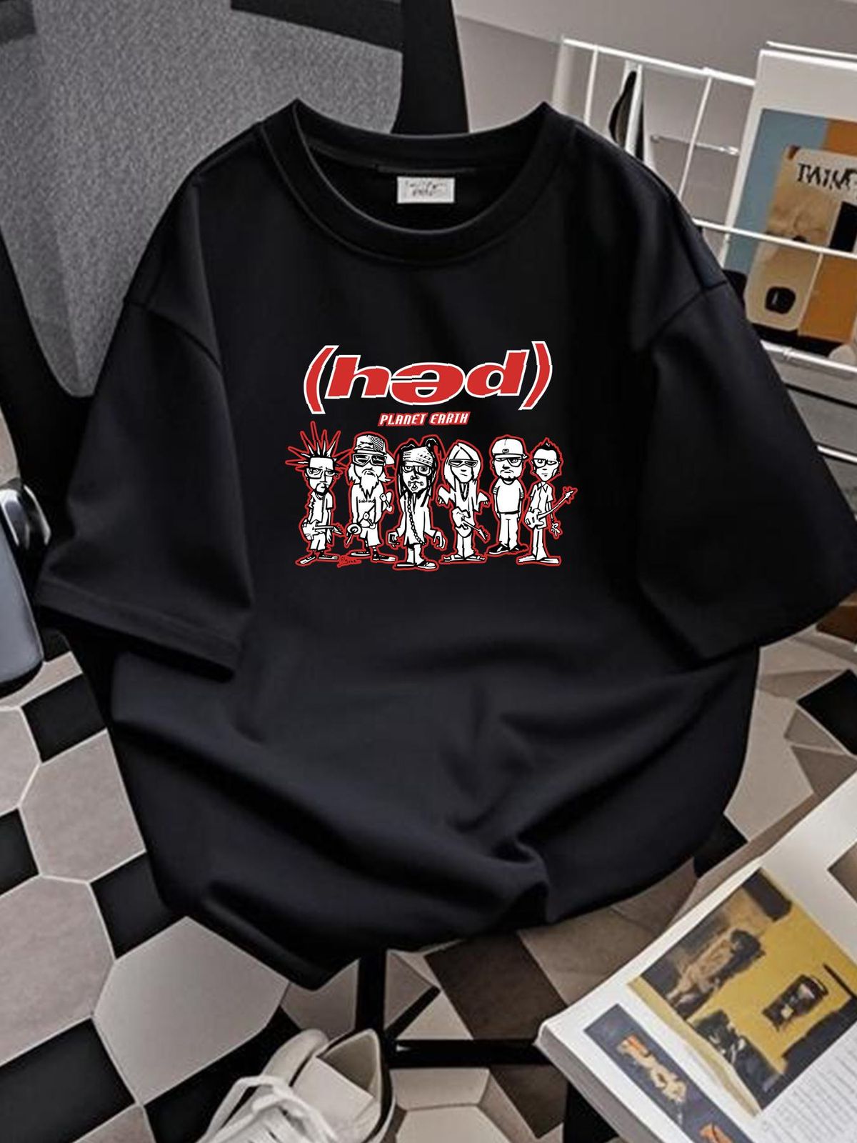 Hed PE Earth Planet Band 90s Basic Black Reprint Short Sleeve T Shirt NH5459 Breathable Stretched Casual Streetwear Soft Top For Everyday Wear_viptrois.com