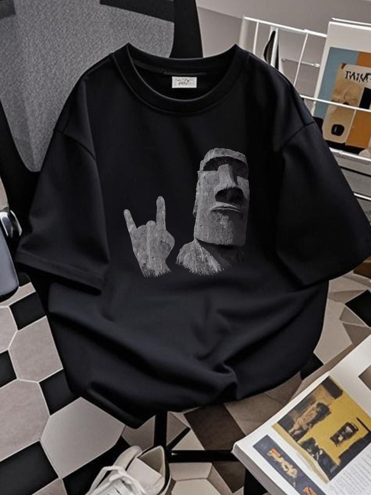 Funny Easter Island Sign Of The Horns Rocker Moai Statue T Shirt Size S-5XL Graphic Casual Breathable Top For Everyday Wear Fashion Stylish_viptrois.com