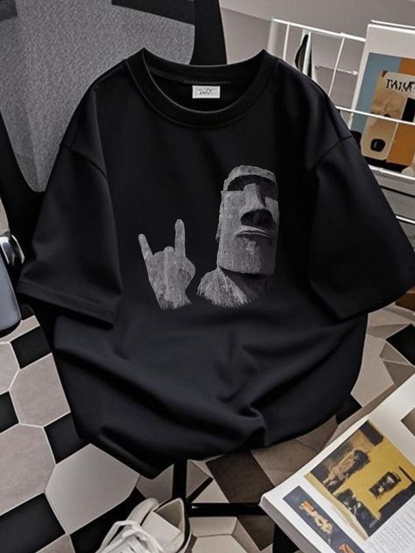 Funny Easter Island Sign Of The Horns Rocker Moai Statue T Shirt Size S-5XL Graphic Casual Breathable Top For Everyday Wear Fashion Stylish_viptrois.com