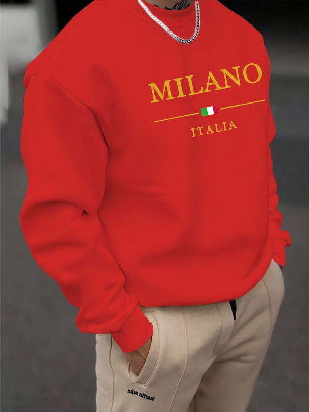 Men's Loose Casual Fashion MILANO ITALIA Letter Pattern Printed Round Neck Long Sleeved Sweatshirt For Autumn And Winter_viptrois.com
