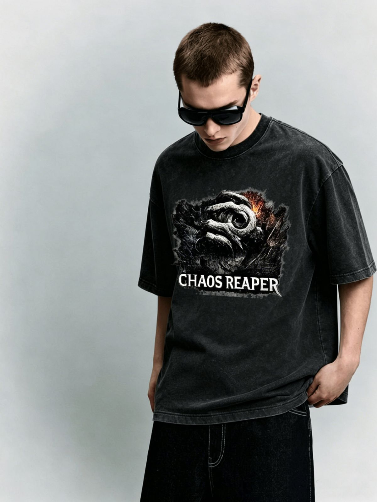 Chaos Reaper Skull Heavyweight Washed Graphic T-Shirt Men's Oversized Streetwear Tee_viptrois.com