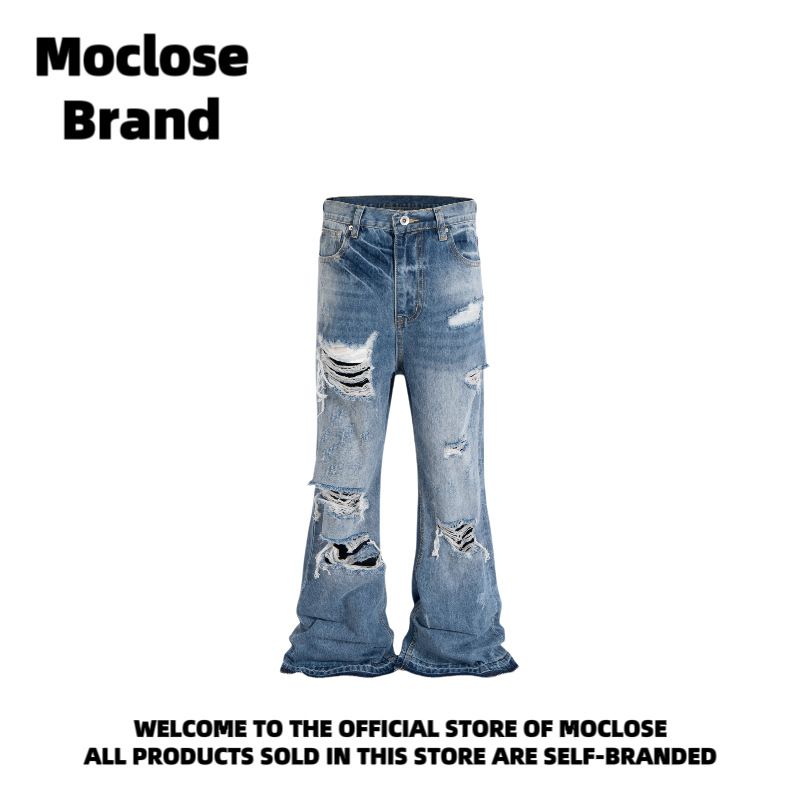 Men's Clothing Moclose American Fashion Brand Retro Washed Cat Whisker Ripped Men's And Women's Flared Wide Leg Floor Length Jeans_viptrois.com