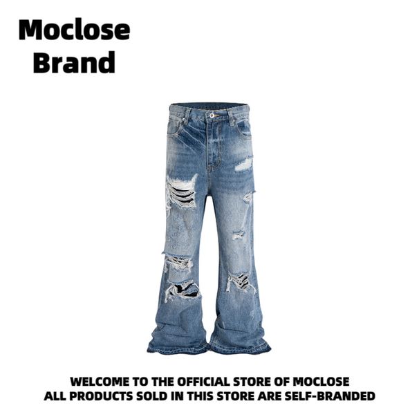 Men's Clothing Moclose American Fashion Brand Retro Washed Cat Whisker Ripped Men's And Women's Flared Wide Leg Floor Length Jeans_viptrois.com