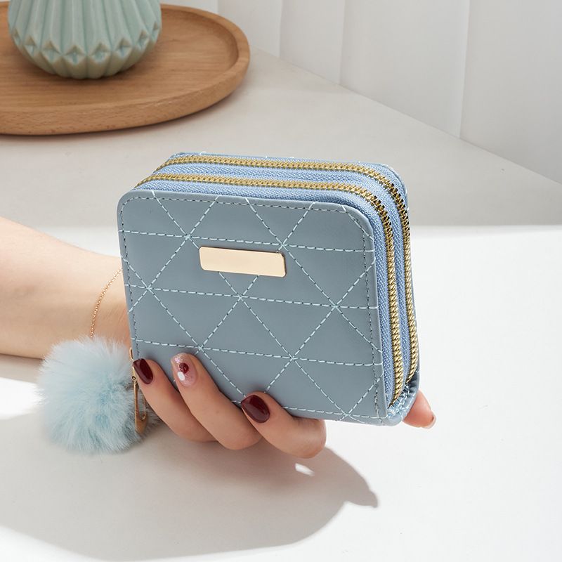 Double Zipper Short Wallet - Triangle Quilted Embroidery Clutch Solid Color ID Card Holder Purse_viptrois.com