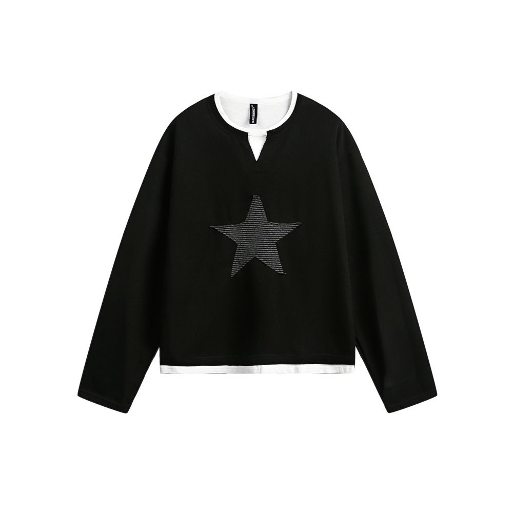 American Street Trendy Men's T-shirt Men's And Women's Personalized Fake Two-piece Crew Neck Pentagram New Loose Trendy Men's Shirt_viptrois.com