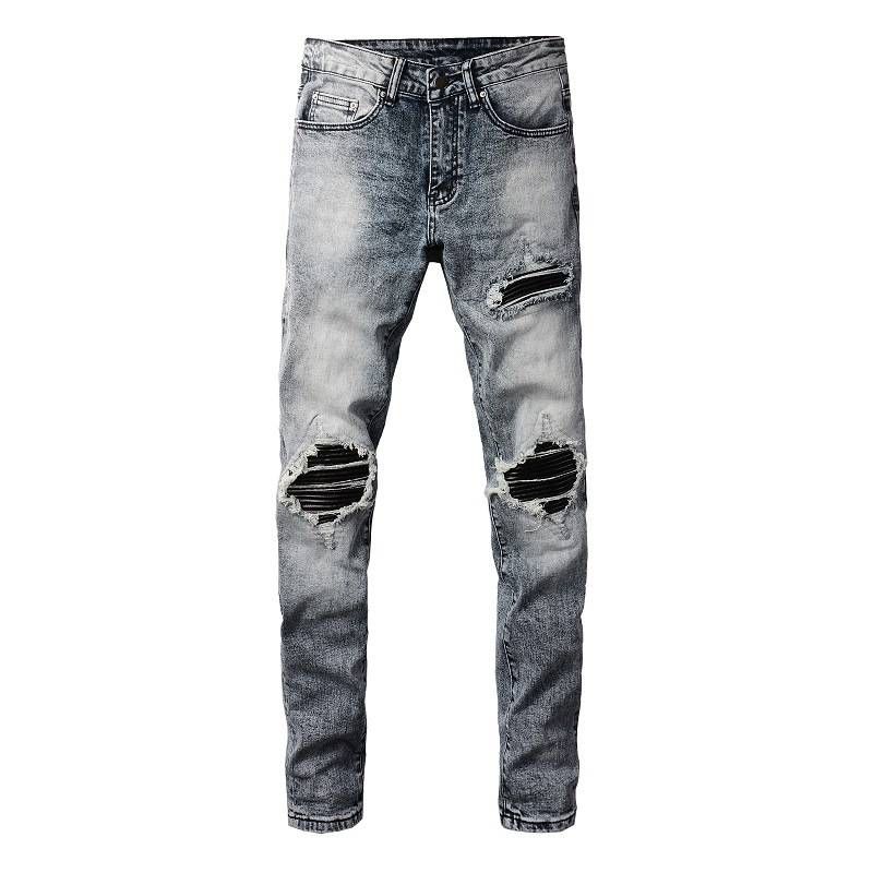 American Retro Jeans, Men's Trend, Pu Leather Ripped Patch Slimming Men's Pants, Fashionable Long Pants_viptrois.com