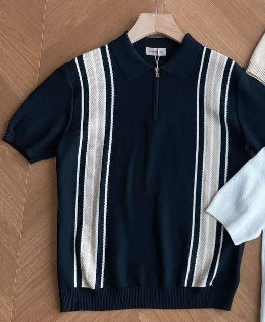 Men's Clothing Contrast Striped Ice Knitted Short Sleeved Polo Shirt Summer New Shirt Collar Design Slim Fit Half Sleeved T Shirt_viptrois.com