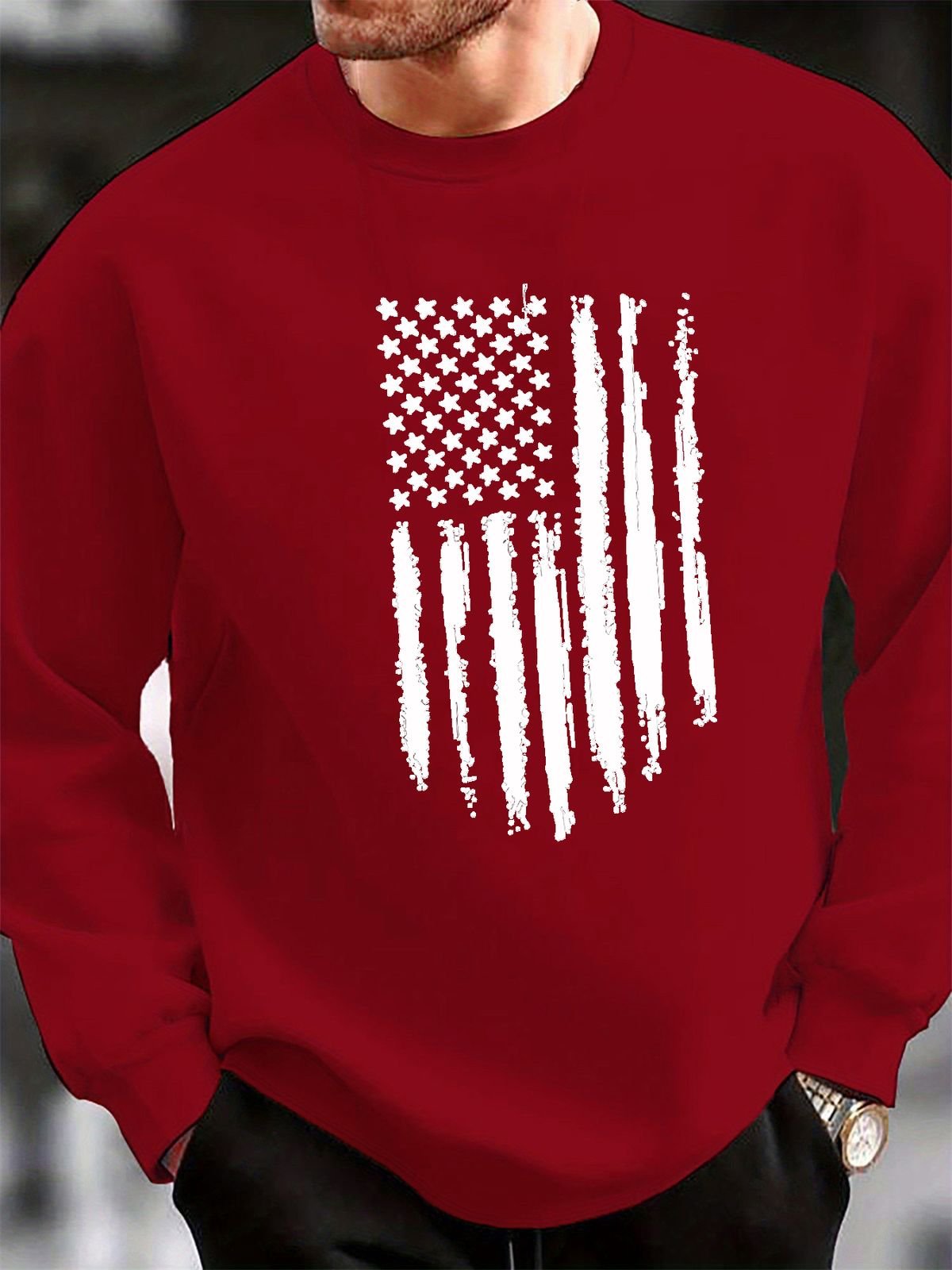 Men's Loose Casual Fashionable American Flag Print Round Neck Long Sleeved Pullover Hoodie For Autumn And Winter_viptrois.com