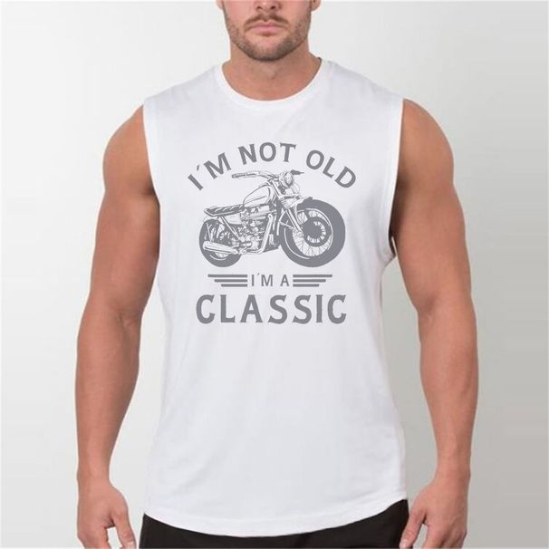100% Pure Cotton Men's Summer Leisure Sports Fitness Loose Retro Motorcycle Pattern Printed Breathable Round Neck Sleeveless Vest_viptrois.com