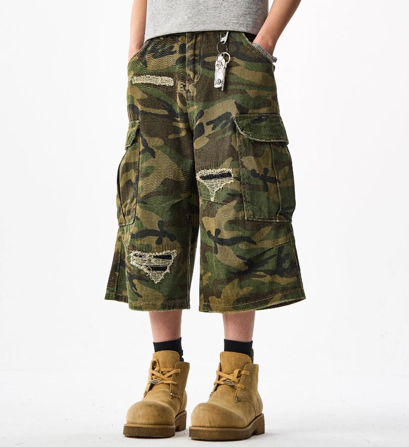 Men's Clothing Retro Heavy Washed Men's Outdoor Loose Multi Pocket Sports Camouflage Workwear Shorts Straight Leg Cropped Pants Summer_viptrois.com