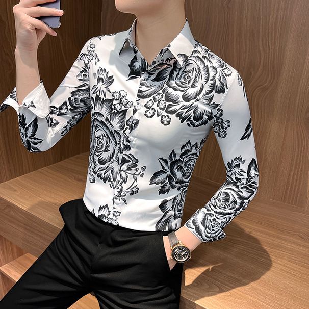 Men's Long-sleeved Flower Shirt Spring And Autumn 2025 New Ruffian Handsome High-end Spring And Autumn Top Men's Design Temperament Shirt_viptrois.com