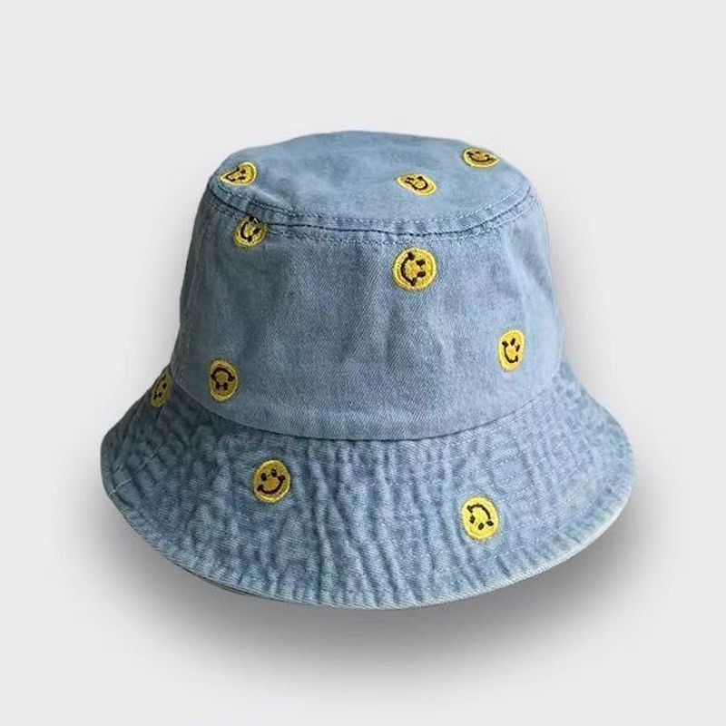New Arrivals New Embroidered Smile Cotton Summer Jeans Bucket Cap For Women Cute Fisherman Hat Travel Sunshade Show Small Face Gift_viptrois.com