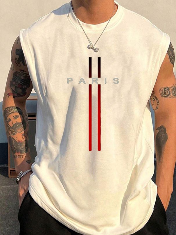 100% Pure Cotton Men's Summer Casual Sports Fitness Loose Paris Pattern Printed Breathable Round Neck Sleeveless Vest_viptrois.com