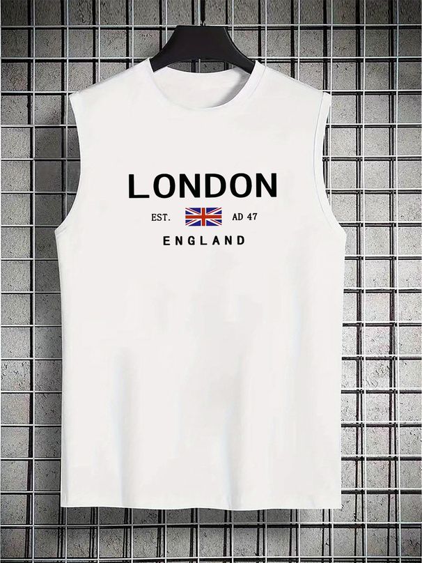 100% Pure Cotton Men's Summer Casual Sports Fitness Loose And Fashionable LONDON Pattern Printed Breathable Round Neck Sleeveless Vest_viptrois.com