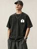230g Washed Men T-Shirt Black Double Oval Minimal Logo Print Short Sleeve Crew Neck Casual Streetwear Top_viptrois.com