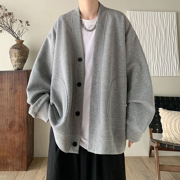 Cardigan Jacket For Men In Spring Autumn, Loose Niche Design, Trendy Buckle Brand, Waffle V-Neck, Cool And Casual_viptrois.com