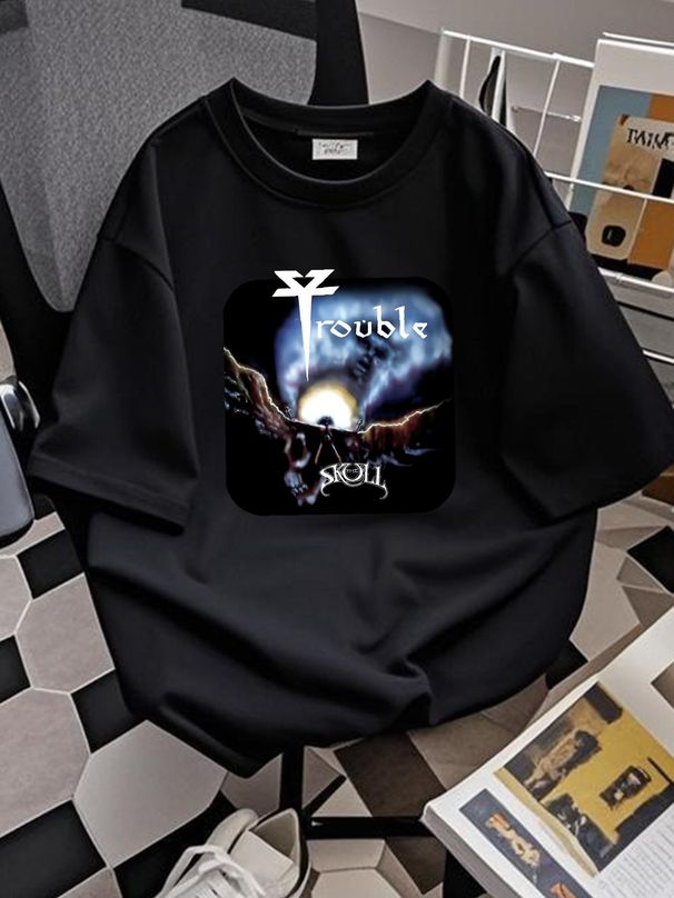Trouble T Shirt The Skull Homme Comfortable Unisex Streetwear Slightly Stylish Top For Everyday Wear Designer Clothes Fashion Summer Casual_viptrois.com
