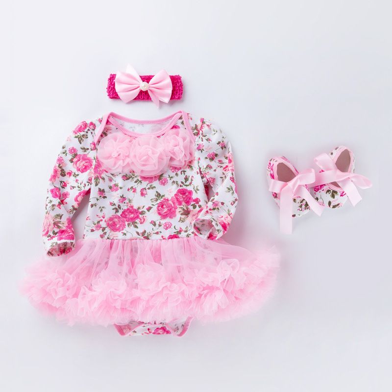 Baby clothes Baby Dresses Toddler Shoes Hair Accessories Three Piece Birthday Suit Pink Gauze Cartoon Long Sleeve Harvest Dress Baby Set_viptrois.com