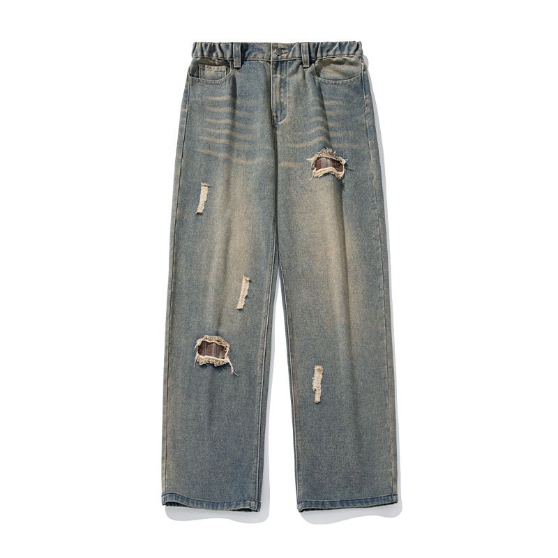 Men's Clothing Ripped Plaid Washed Jeans For Men 2025 Spring New Style Trendy Trousers Loose Straight Casual Trousers_viptrois.com