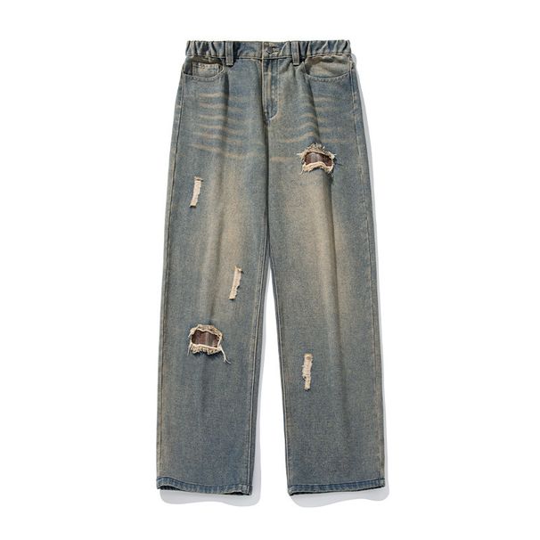 Men's Clothing Ripped Plaid Washed Jeans For Men 2025 Spring New Style Trendy Trousers Loose Straight Casual Trousers_viptrois.com