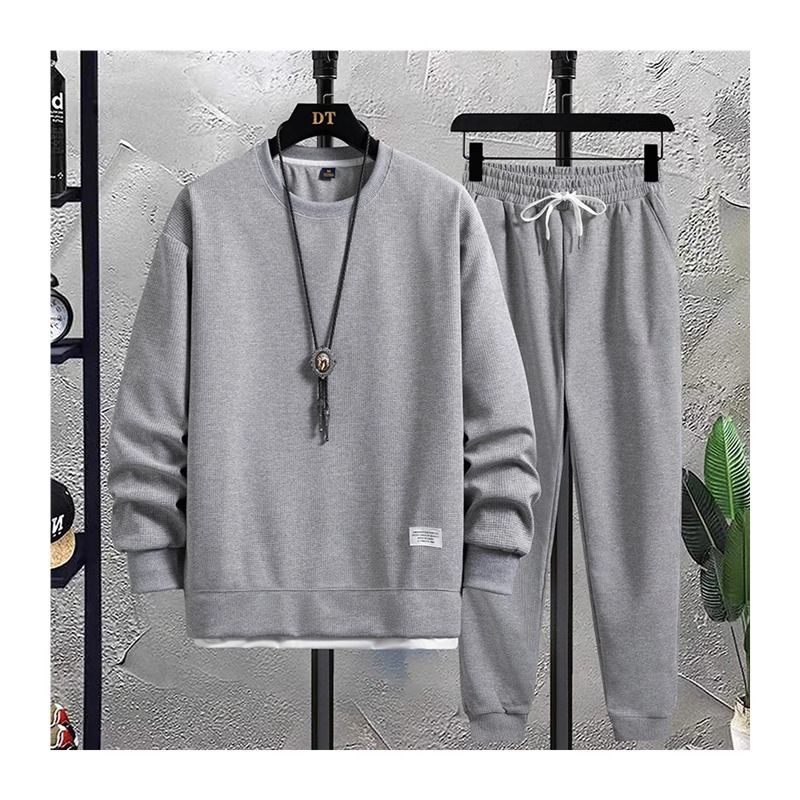 Men's Waffle Knit Long Sleeve T-Shirt Set Casual Two-Piece Pullover Hoodie Loose Fit Round Neck Teen Boys Spring Autumn Fashion_viptrois.com