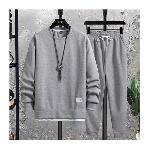 Men's Waffle Knit Long Sleeve T-Shirt Set Casual Two-Piece Pullover Hoodie Loose Fit Round Neck Teen Boys Spring Autumn Fashion_viptrois.com