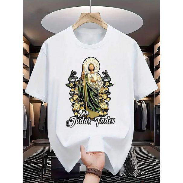 Camiseta Hombre San Judas Tadeo - Diseño Religioso Con Flores, Algodón Transpirable, Manga Corta, Ideal Para Devotos Y_viptrois.com