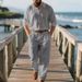 Men's Linen Casual Suit Set - Relaxed Fit Long Sleeve Polo & Trousers For Autumn (Light Blue, Black, White, Gray, Beige) - S-XXXL_viptrois.com