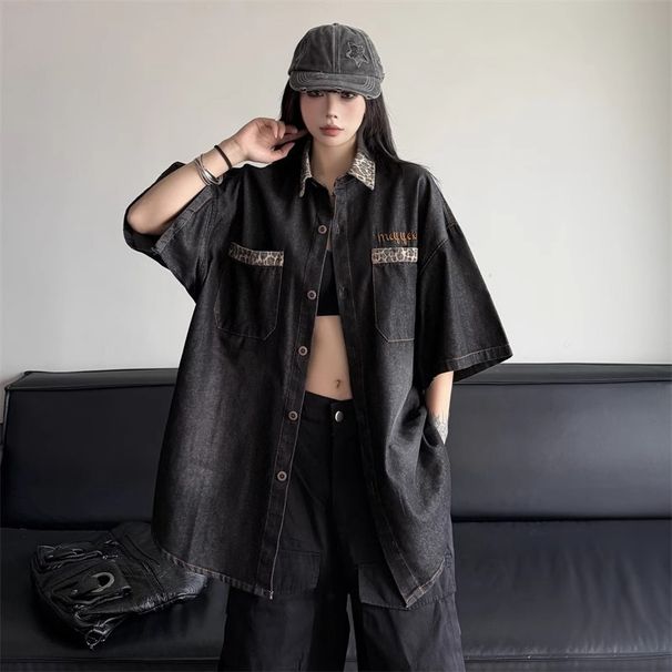 Men's Clothing Leopard Print Patchwork Denim Short Sleeved T Shirt Shirt Men's Summer American Style Couple Five Point Shirt Jacket Trendy_viptrois.com