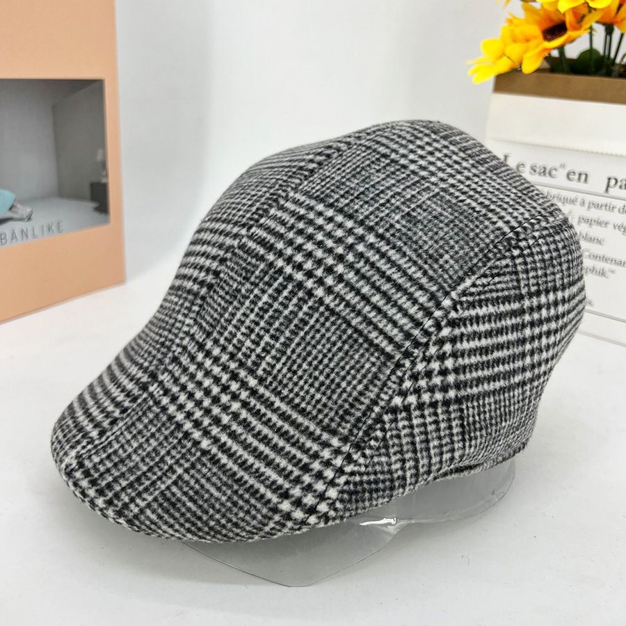 Autumn Winter Warm Woolen Beret Houndstooth Pattern Forward British Style Duckbill Cap Personality Men's Hat_viptrois.com