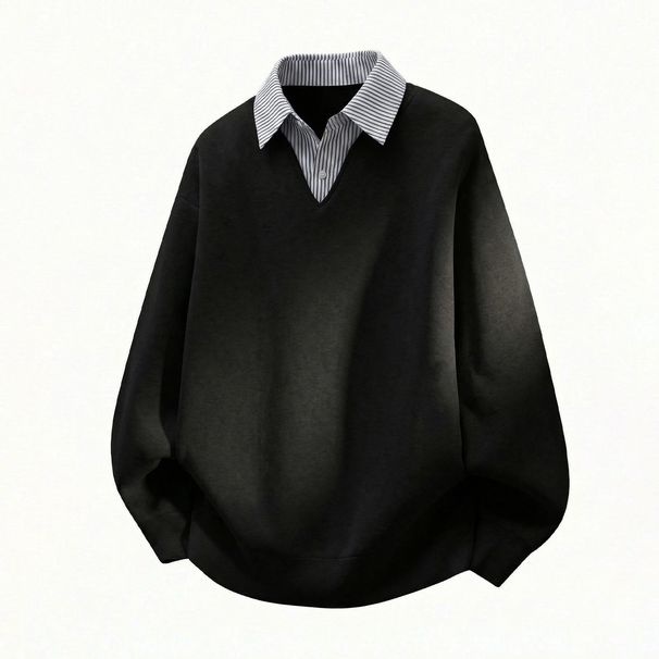 Monochrome Man- Two-Piece Striped Shirt V-Neck Sweatshirt Men's Spring Heavyweight Texture Retro College Style Polo Pullover Jacket_viptrois.com