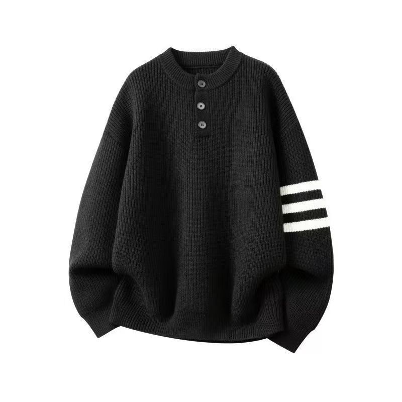 Men's Contrasting Striped Round Neck Sweater, Youth Loose And Versatile Knit Sweater Jacket_viptrois.com