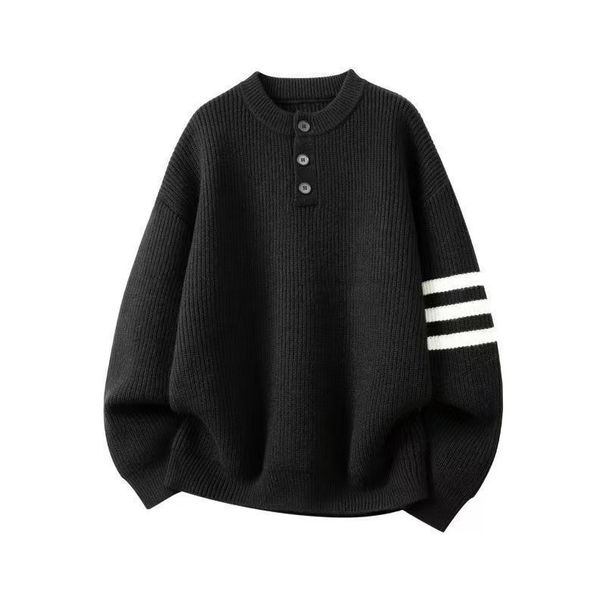 Men's Contrasting Striped Round Neck Sweater, Youth Loose And Versatile Knit Sweater Jacket_viptrois.com