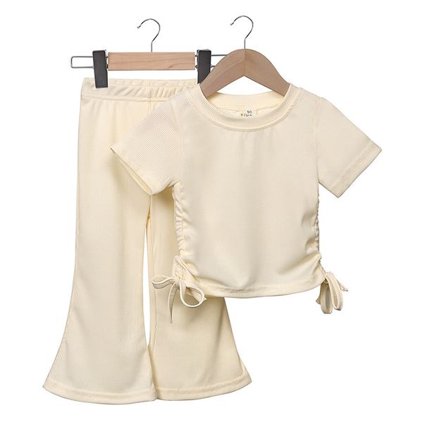Mother & Kids Girls short-sleeved suit summer 2024 new solid color baby bell pants thin casual two-piece set trendy Korean version_viptrois.com