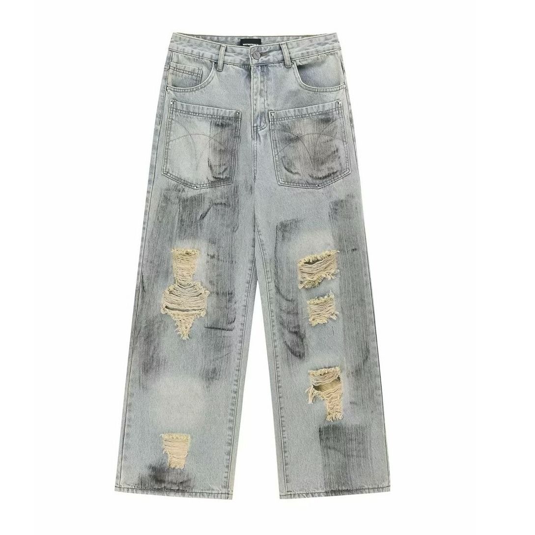 Men's Clothing High Street Retro Washed Distressed Dirty Ripped Jeans Men And Women Trendy Loose Straight Casual Trousers_viptrois.com