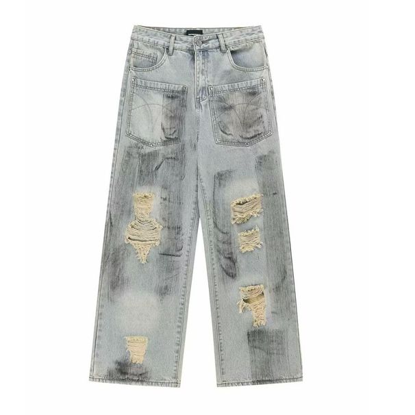Men's Clothing High Street Retro Washed Distressed Dirty Ripped Jeans Men And Women Trendy Loose Straight Casual Trousers_viptrois.com