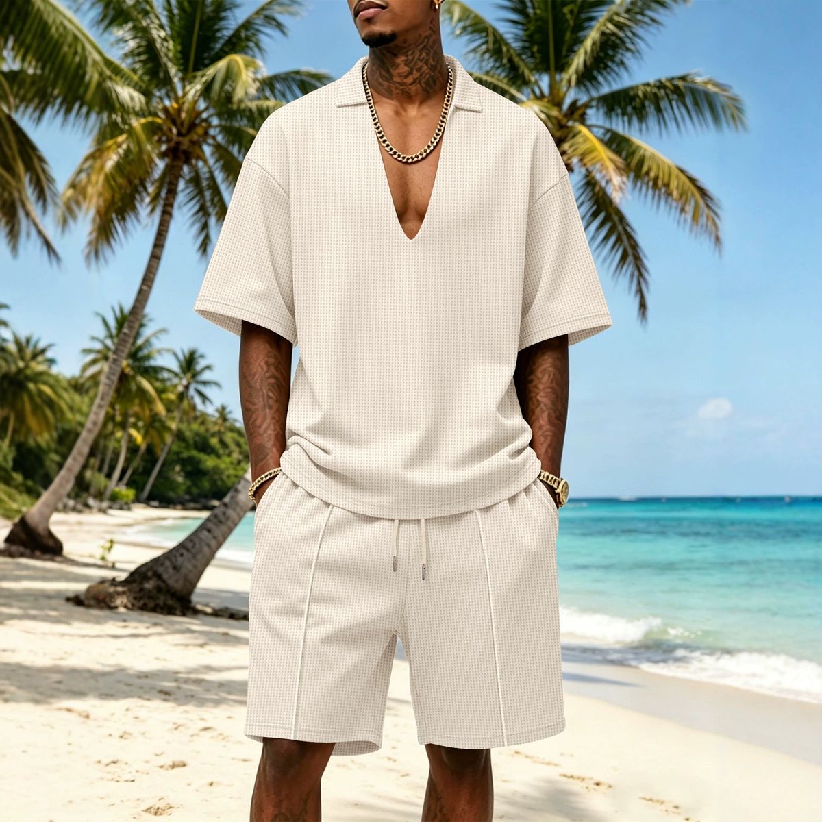 Men's Waffle Knit Short Sleeve Deep V Neck Casual Fashion Beach Shorts Style Suit_viptrois.com