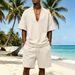 Men's Waffle Knit Short Sleeve Deep V Neck Casual Fashion Beach Shorts Style Suit_viptrois.com