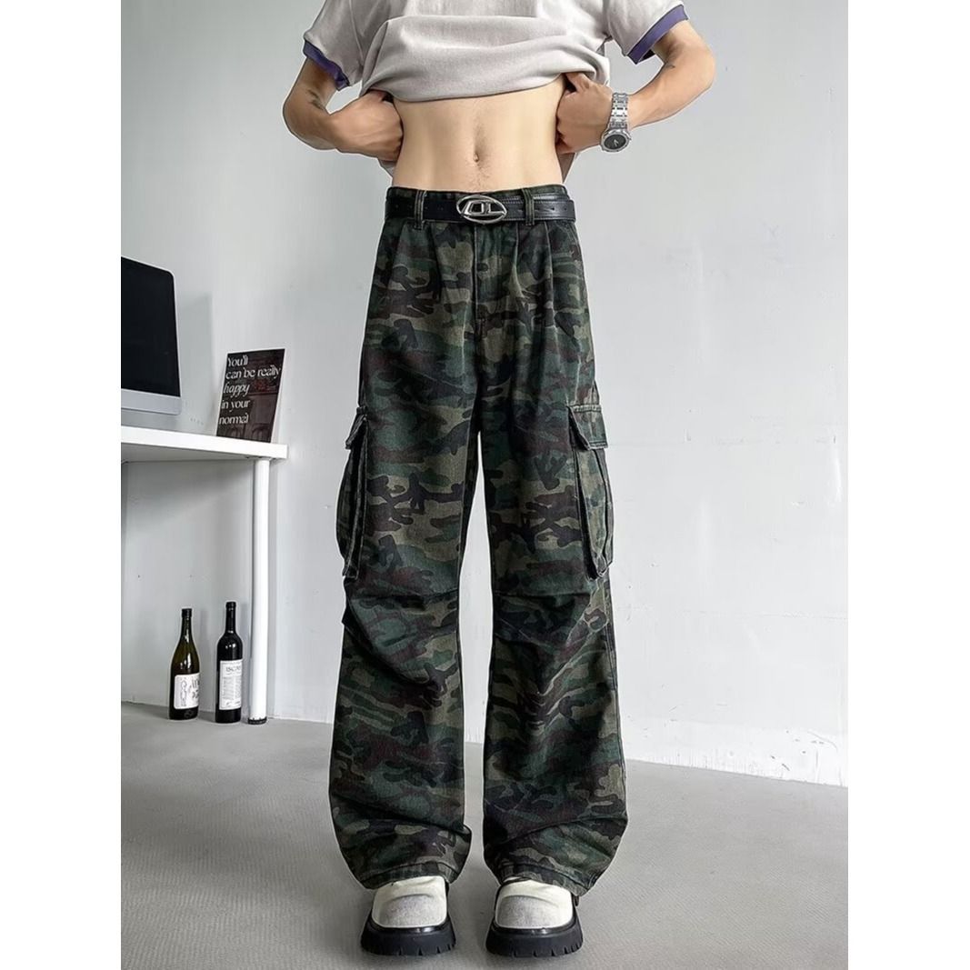 Vintage American Camouflage Cargo Jeans For Men & Women - High Street Baggy Denim Pants With Multi-Pockets & Stacked Hem_viptrois.com