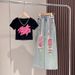 Mother & Kids 2024 New Girls' Stereoscopic Spray-Painted Graffiti Short-Sleeved Colored Denim Ripped Pants Set Children's Wide-Leg Pants_viptrois.com