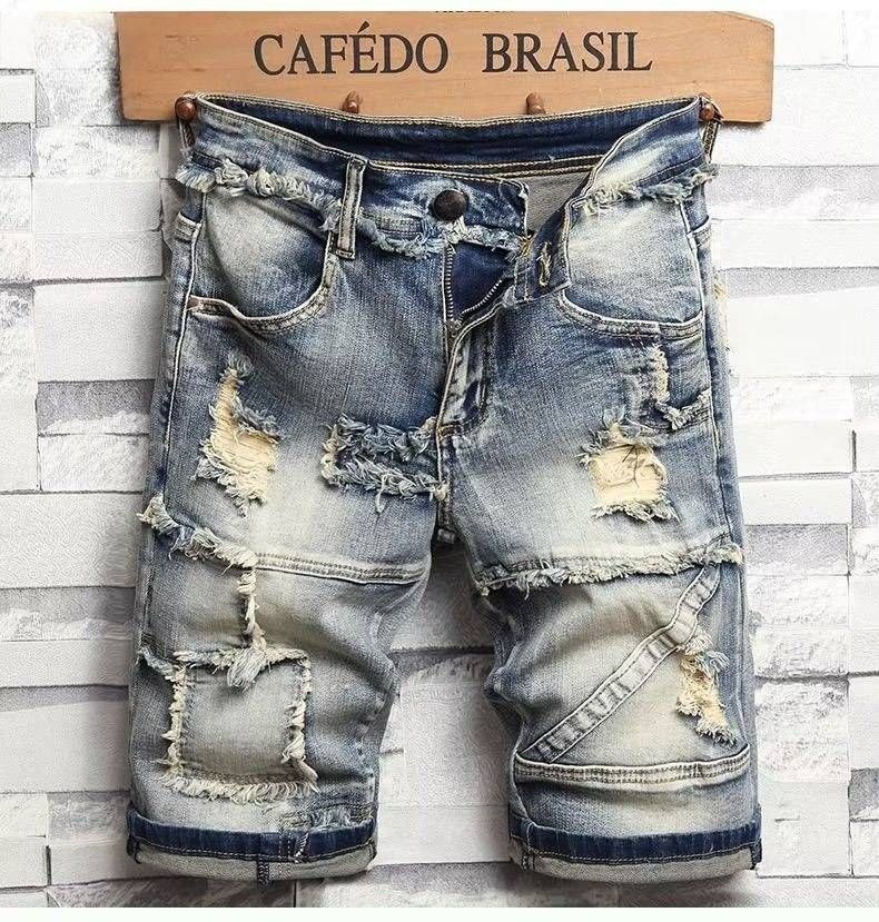 Men's Clothing Summer Denim Shorts Thin Stretch Medium Pants Ripped And Scratched Five Quarter Pants_viptrois.com