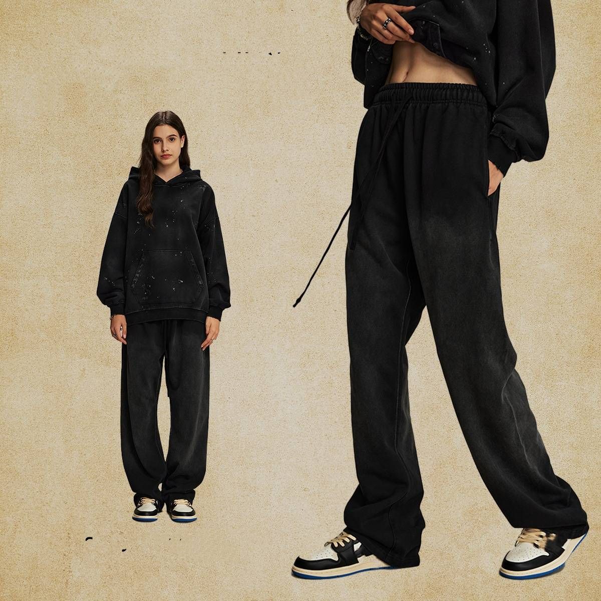 EXISTANCE Distressed Vintage Streetwear Hoodie & Jogger Set - Oversized Washed Cotton Blend Unisex Casual Outfit (Black/Brown/Grey/Green, S-XXL)_viptrois.com