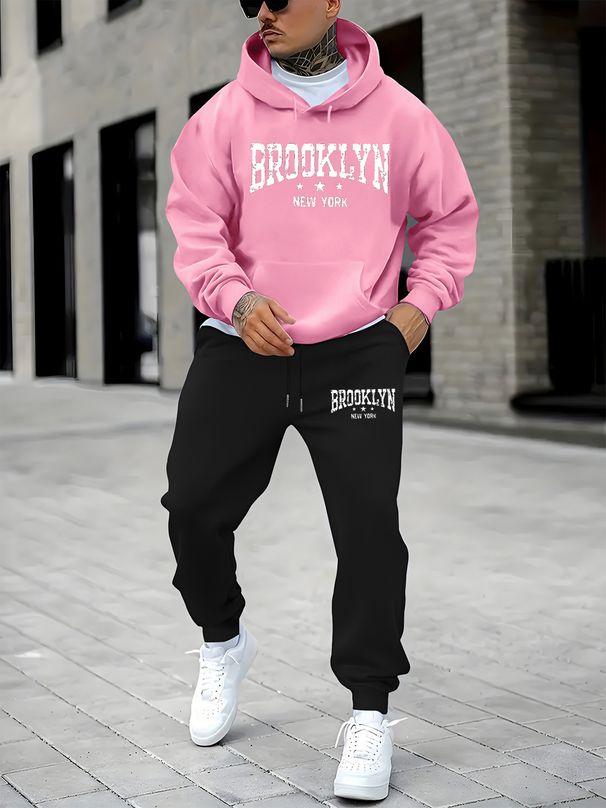 Men's Autumn And Winter Casual Fashion Brooklyn Letter Print Loose Suede Thick Hooded Sweatshirt+sports Pants Set_viptrois.com