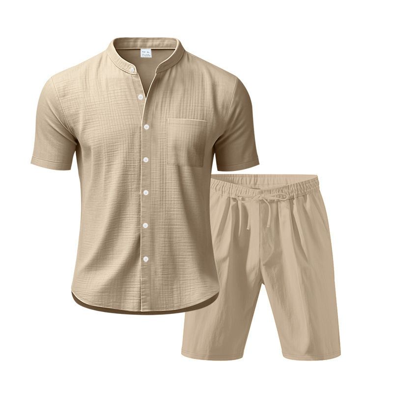 Men's Linen Hawaiian Style Short Sleeve Shirt And Shorts Set Breathable Loose Fit Beach Vacation Casual Two-Piece Summer Suit_viptrois.com