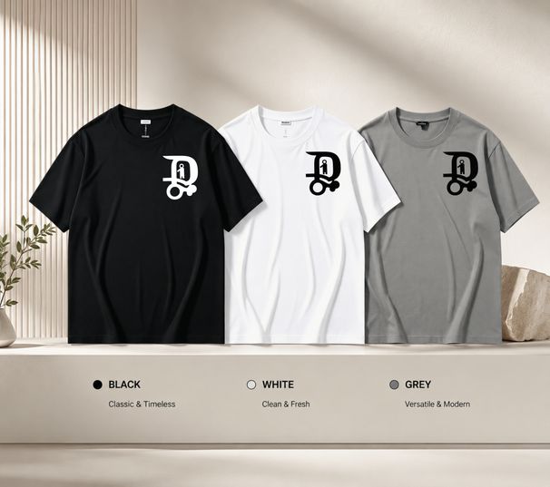 3 Pack Premium Men's Abstract Hollow D Letter Tiny Figure Printed T-Shirt, Heavy Cotton Crew Neck Casual Tee Luxury Summer Essential Black White Grey_viptrois.com